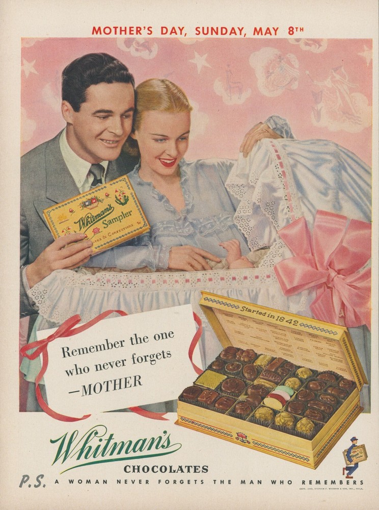1949 Whitman's Chocolates Vintage Print Ad Parents Baby Bassinet Mother's Day L2