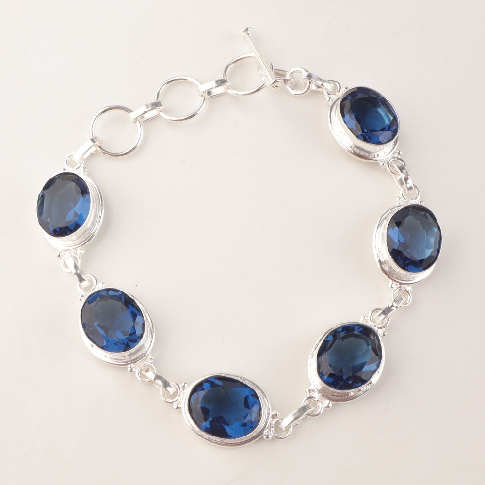 Gift For Women Chain Bracelet 925 Silver Natural London Blue Topaz Gemstone