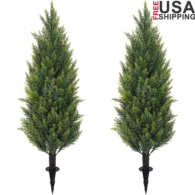 Artificial Cedar Topiary Trees Set of Two Maintenance-Free Indoor Outdoor Decor