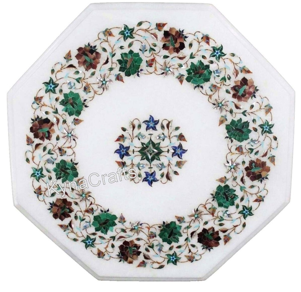 Octagon marble coffee table with semi-precious gemstone inlay for balcony