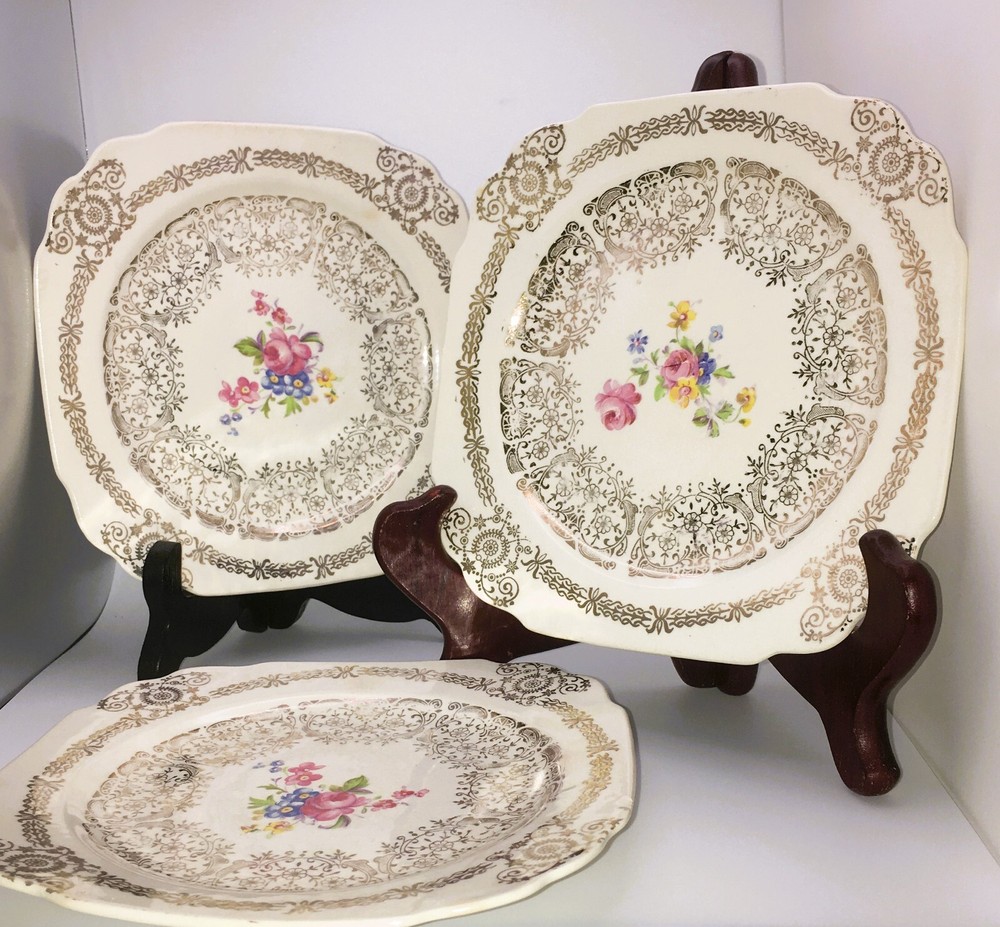 Square Salad Plates 22K Gold Ornate Roses 1930s Set of 3