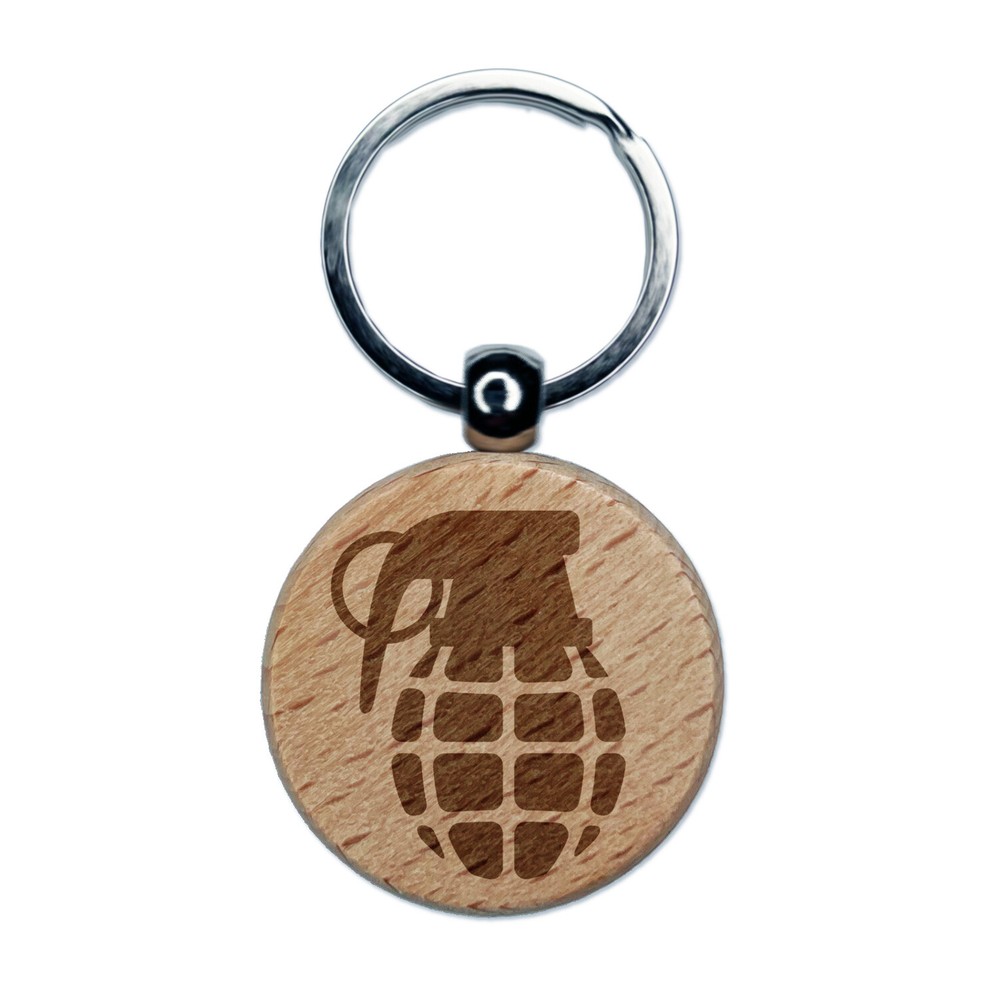 Cartoon Hand Grenade Engraved Wood Round Keychain Tag Charm