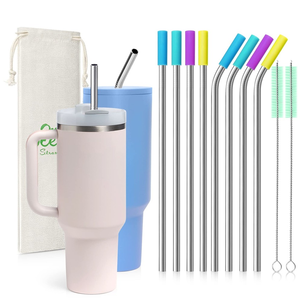 8 Piece 5/16 inch (8mm) Wide Stainless Steel Straws for 40 oz Tumbler with Ha...