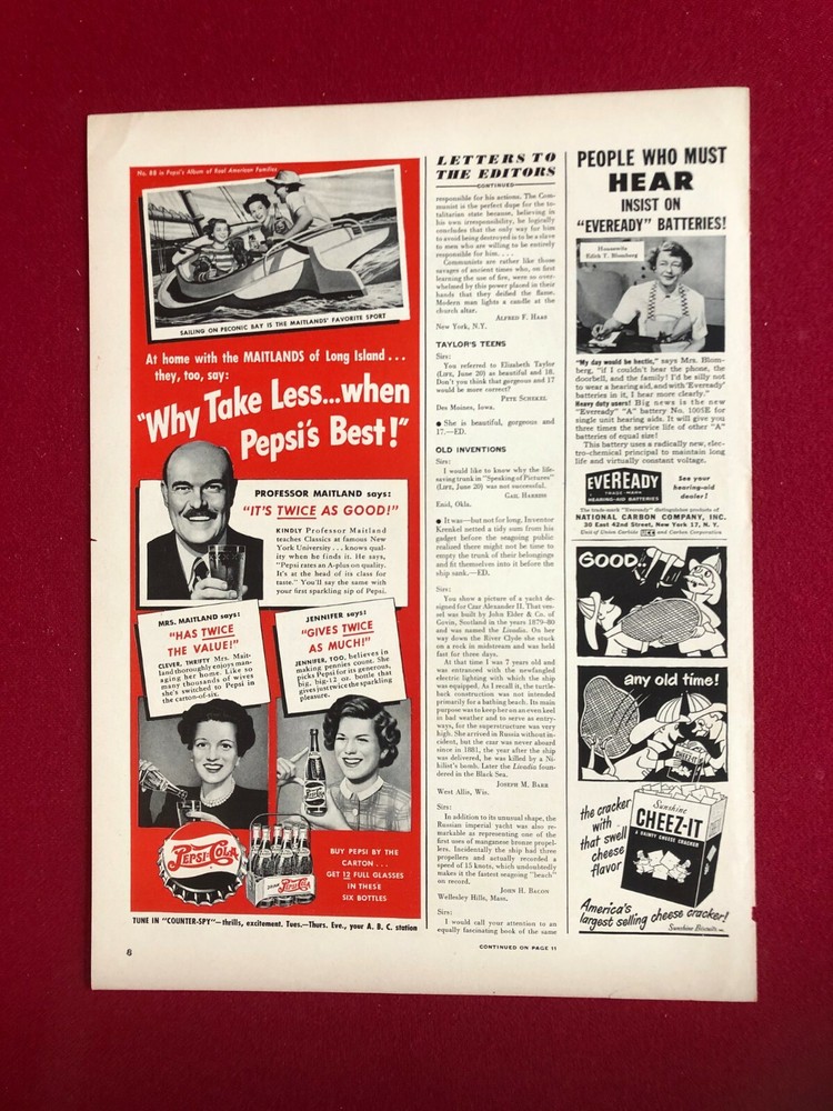 1949, PEPSI:COLA, Original Magazine Display Ad (Scarce / Vintage)