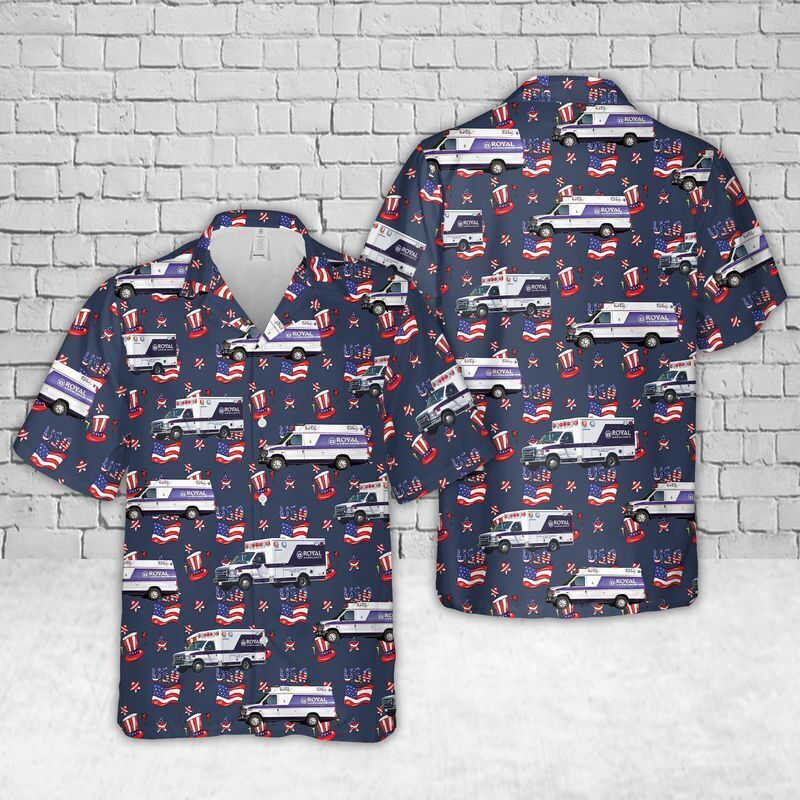 California Royal Ambulance 4th of July Hawaiian Shirt with 3D Full Printed Ambulance Design for Patriotic Celebrations