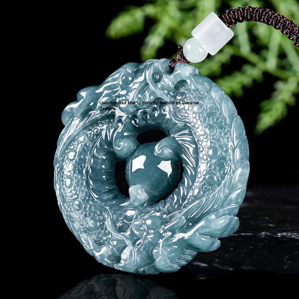 Premium 58.5g Natural Blue Jadeite Dragon Circle Pendant Lucky Charm