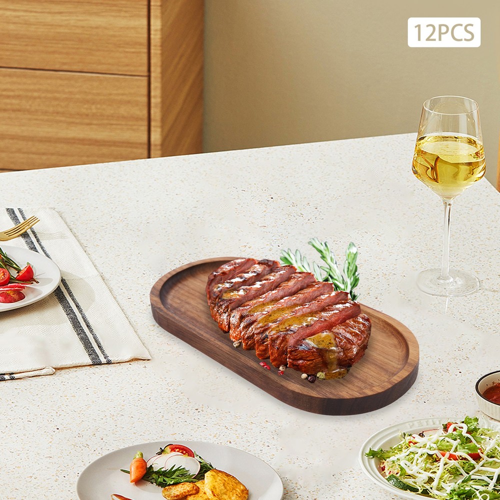 12 Pcs Acacia Wooden Serving Trays 10 Inch Oval Wood Platter Wooden Serving