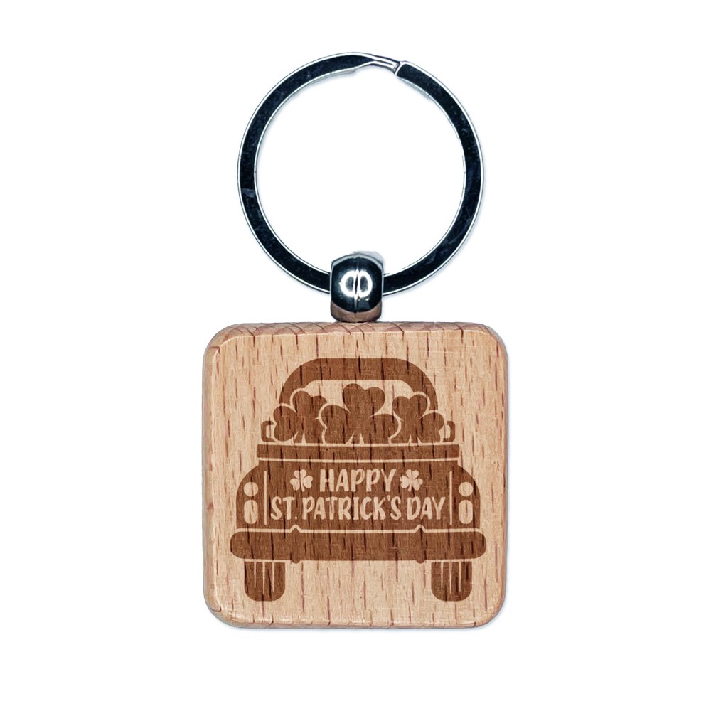 St. Patrick's Day Truck Engraved Wood Square Keychain Tag Charm