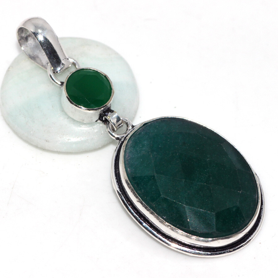 Simulated Emerald Green Onyx 925 Silver Handmade Pendant 2.1 Inches Jewelry