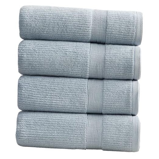 Soft Blue Bath Towels Set of 4 - 100% Combed Ribbed Textured Cotton