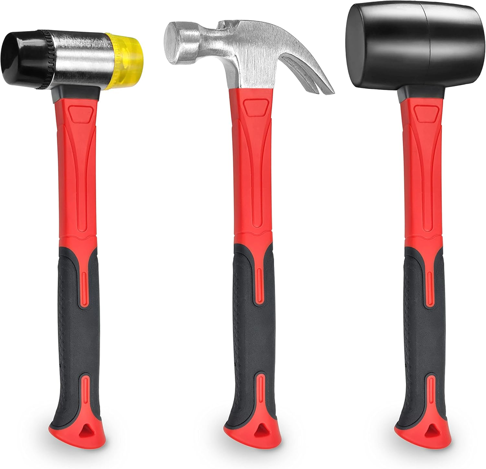 3-Piece Hammer Set with 16Oz Rubber Mallet, Claw Hammer, and 40mm Double-Faced Hammer