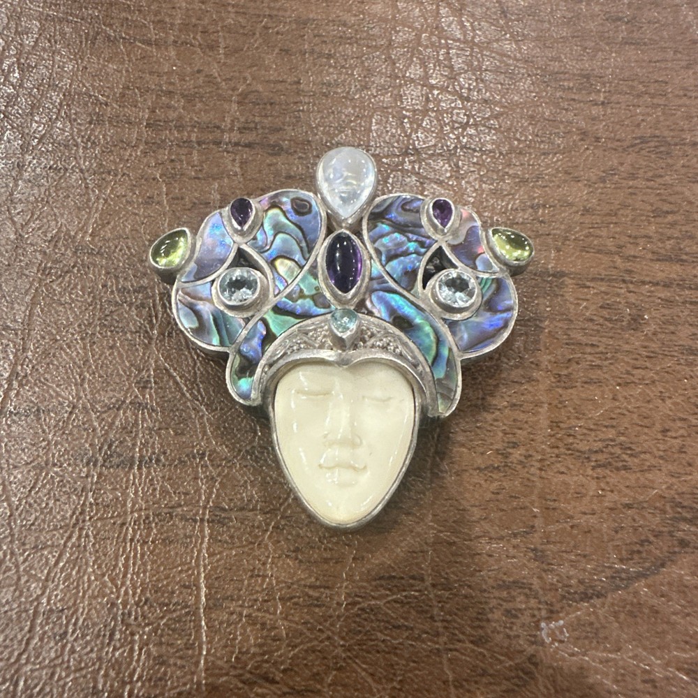 Vintage Sajen Sterling Silver Abalone Moonstone Topaz Multi-Stone Goddess Brooch
