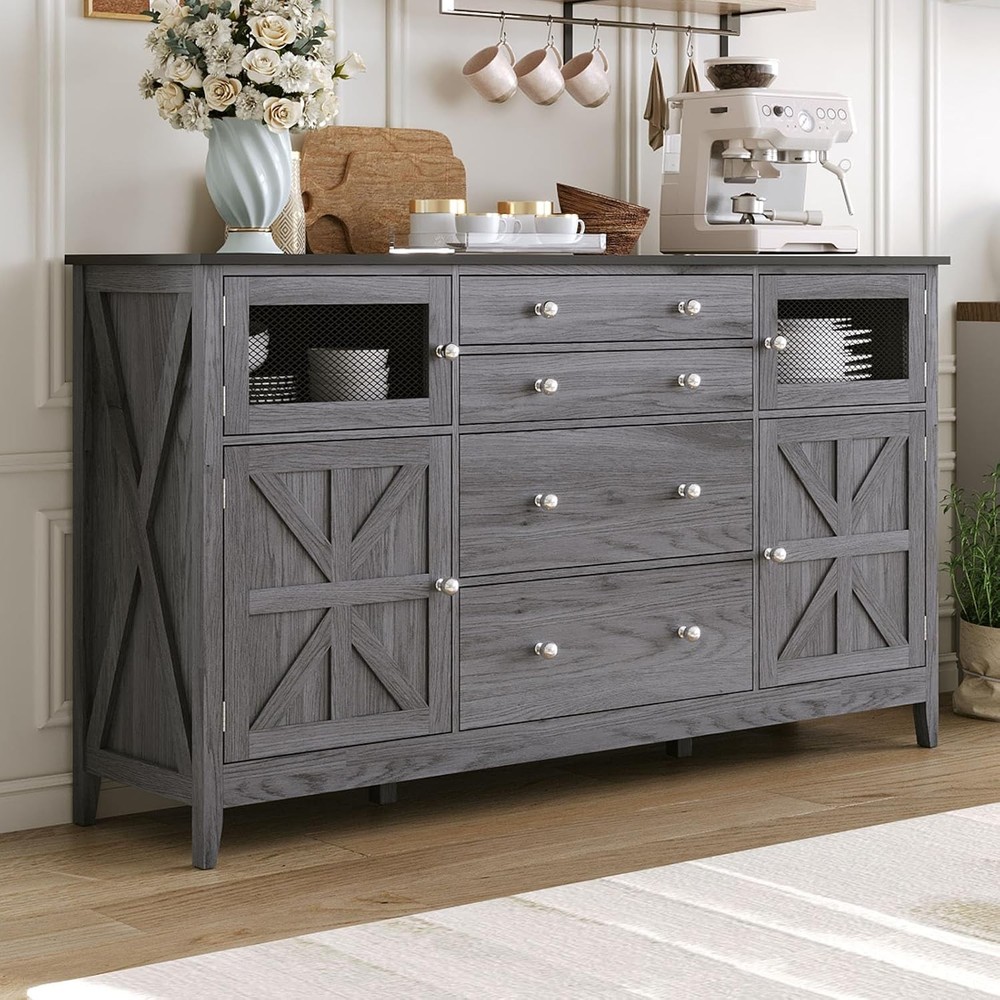 59 Inch Rustic Farmhouse Buffet Cabinet with 6 Drawers and Ample Storage Space