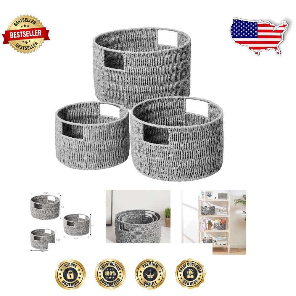 Versatile 3-Pack Round Wicker Baskets - Stylish Grey Organizers for Any Room
