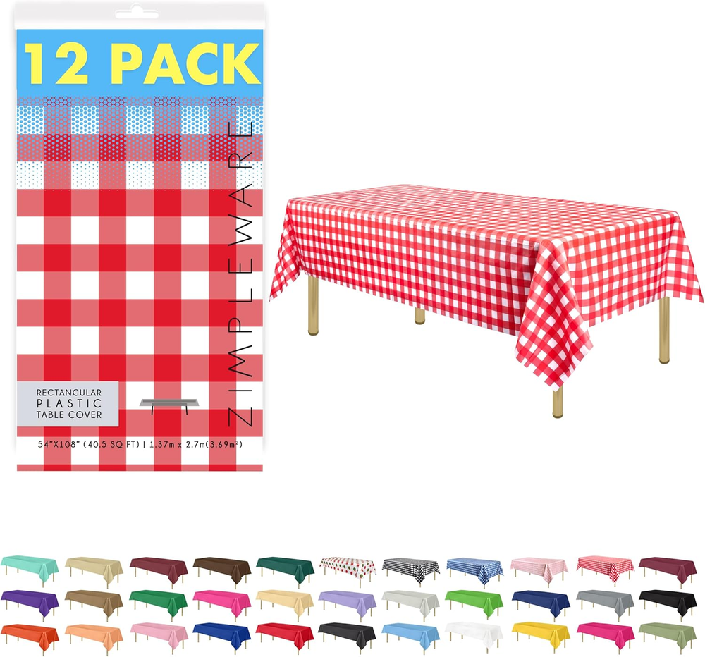 Premium Red Gingham Checkered Plastic Table Cloth Disposable (12 Pk) Plastic Tab