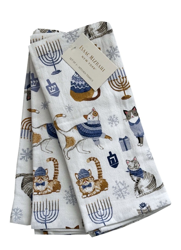 Isaac Mizrahi Set (3) Kitchen Dish Towels Chanukah Hanukkah Blue Gold Cats