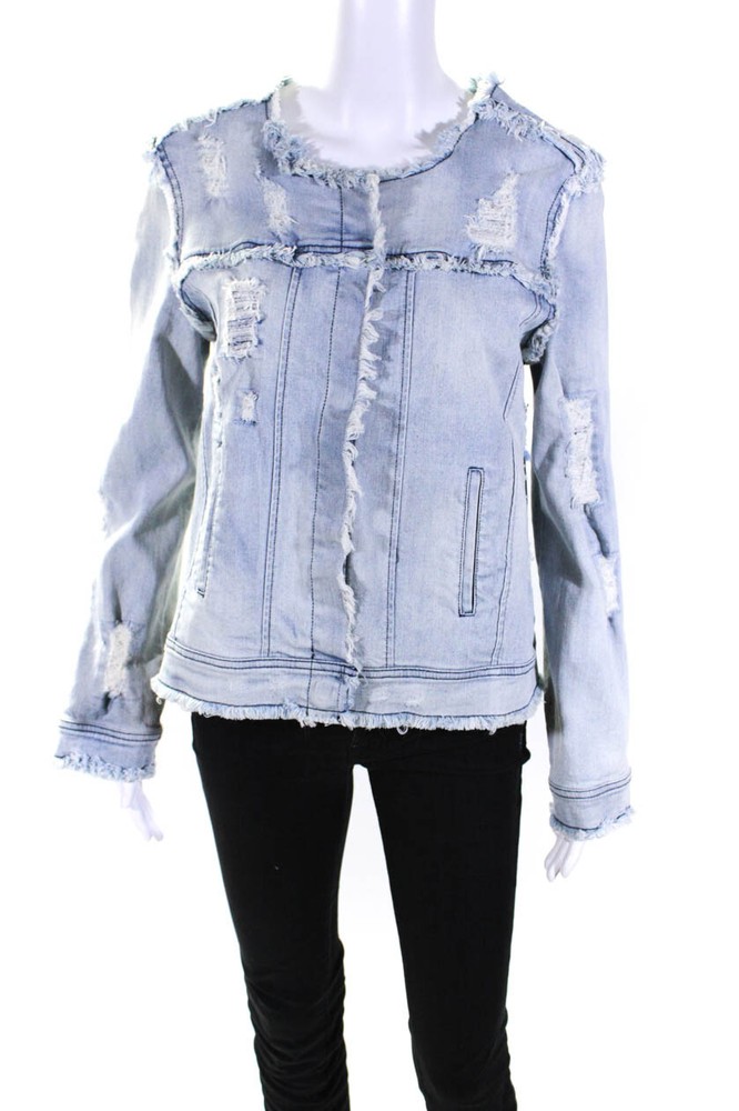 Generation Love Womens Button Front Fringe Trim Jean Jacket Blue Size Large