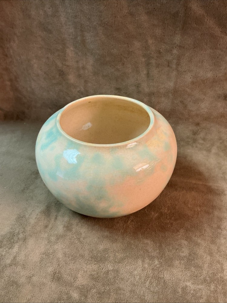 Vintage small Round art pottery Rose Bowl vase cream with green drip glaze