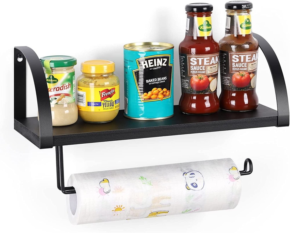 Wall Mounted Black Paper Towel Holder with Wood Shelf