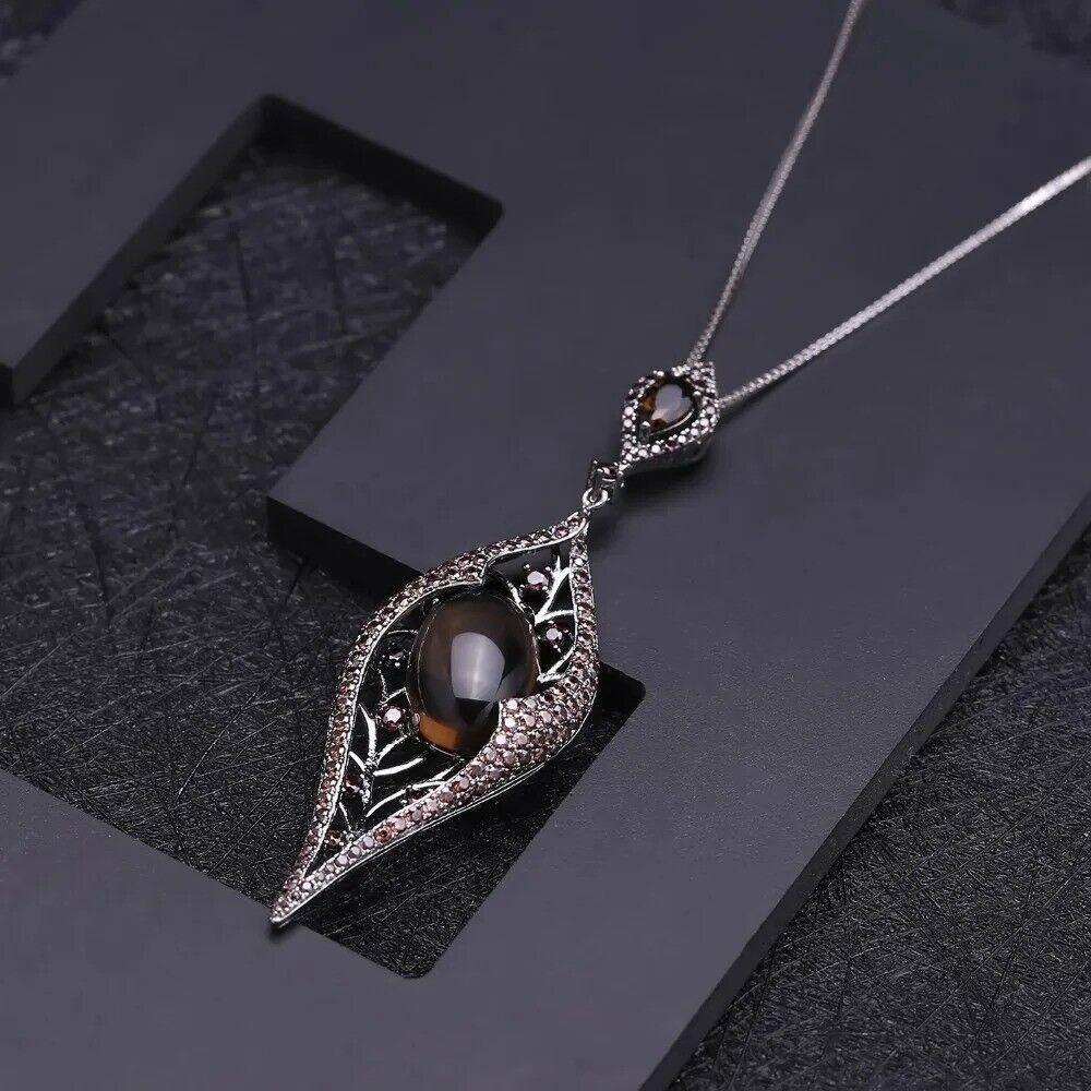Natural Smoky Quartz Solid 925 Sterling Silver Gothic Punk Pendant Necklace