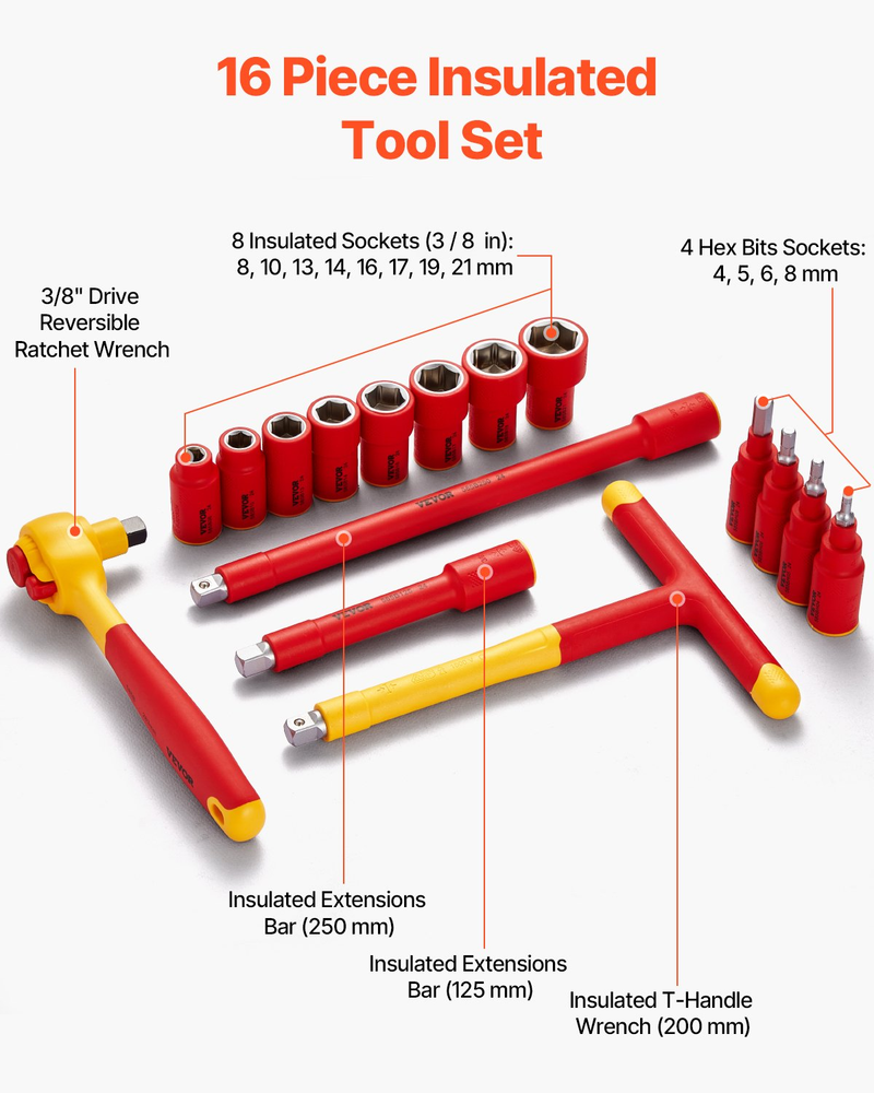 16-Piece 1000V Insulated Socket Set with T-Handle Wrench