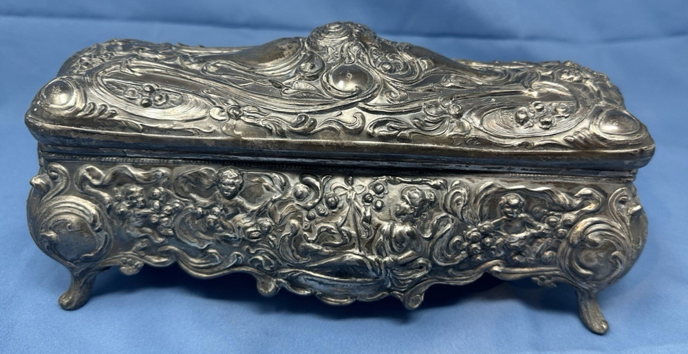 Art Nouveau Silver Plate Jewelry casket glove box Ladies Cupids & Lions French?