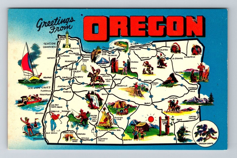 OR-Oregon, Scenic Map Greetings, Landmarks, Vintage Postcard