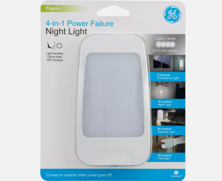 4-in-1 Power Failure LED Night Light, Plug-in, Light Sensing, Rechargeable GE