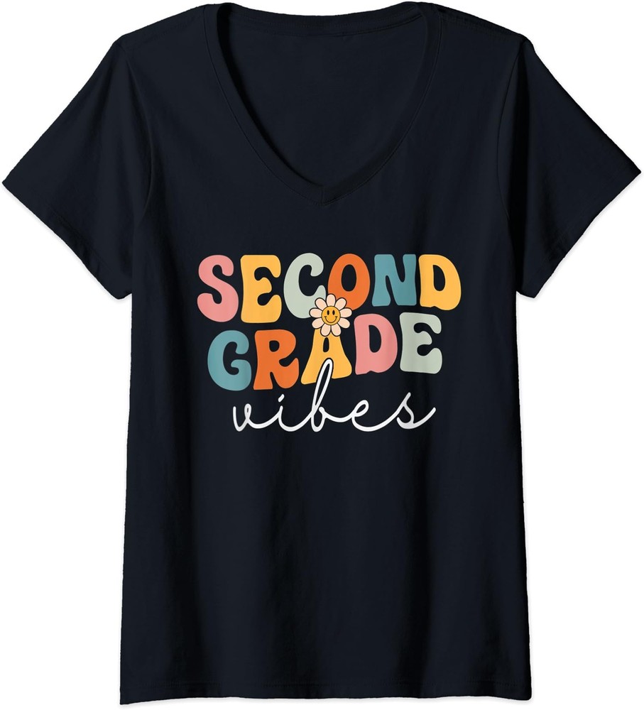 Retro Second Grade Vibes 2nd Grade Teacher Team Gift Ladies' V-Neck Tshirt