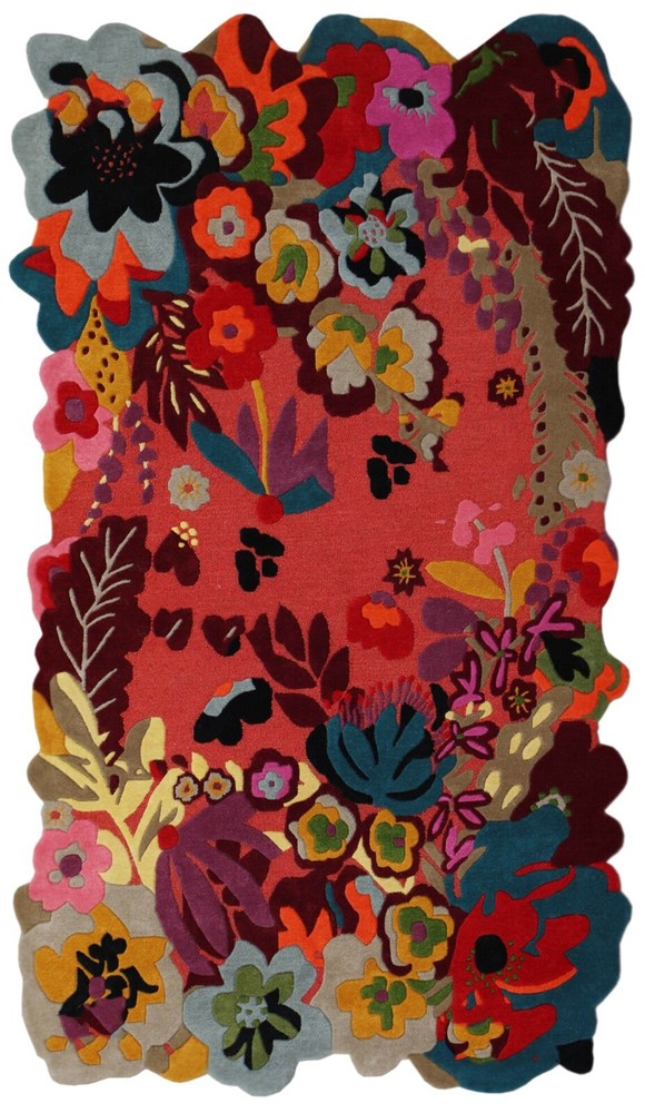 Modern Jardin Flower Orange Embossed Floral Art Garden Handmade Soft Woolen Rug