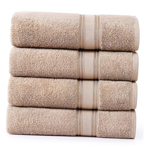 100% Cotton Bath Towel Set of 4 - 30x60 Inches in Soft Taupe
