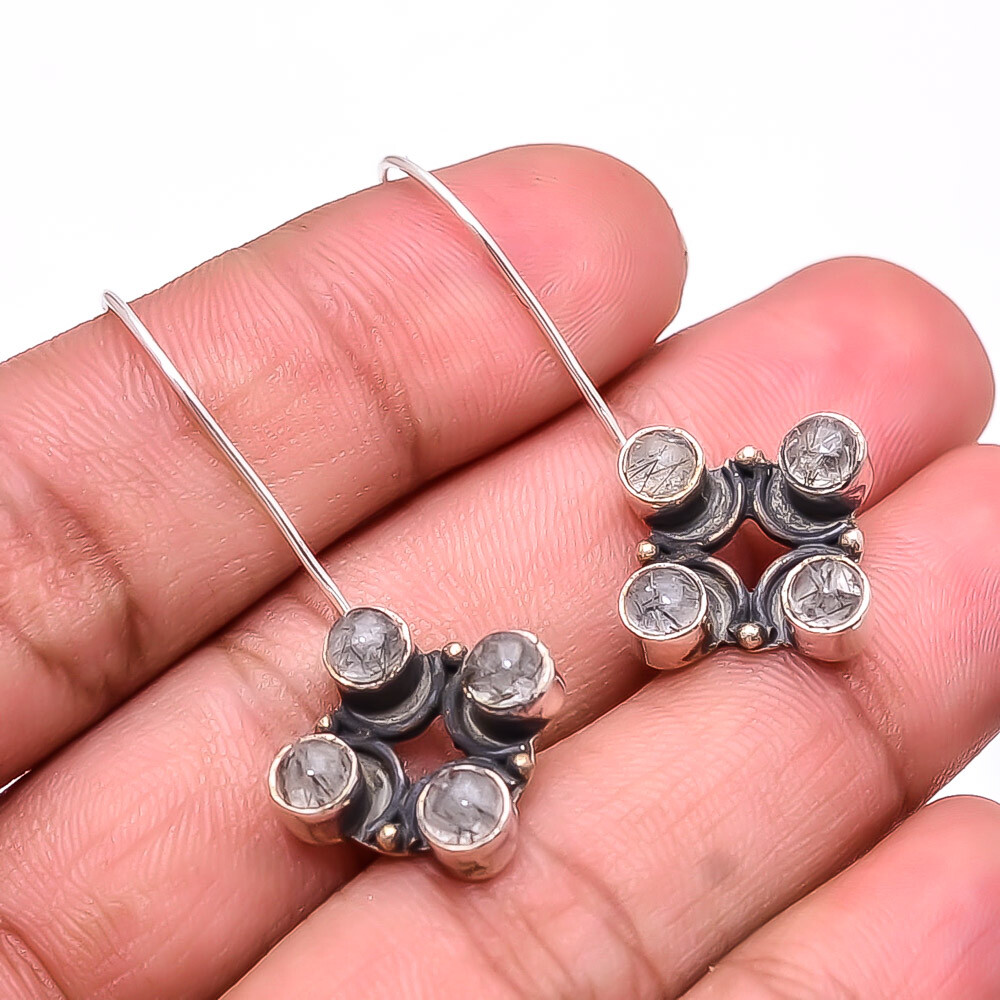 Black Rutilated Quartz - Brazil Designer 925 Sterling Silver Earring 1.56