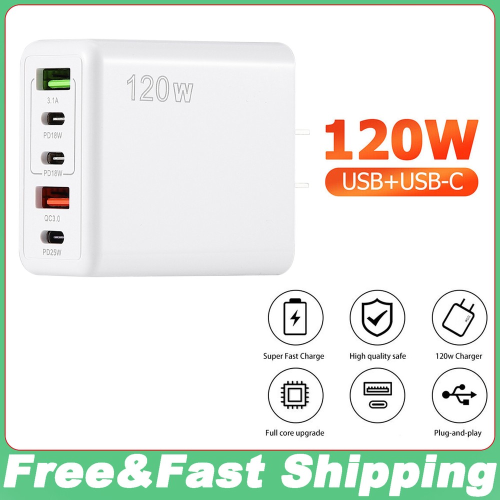 120W 5-Port PD & QC3.0 Fast Wall Charger for iPhone Samsung Galaxy