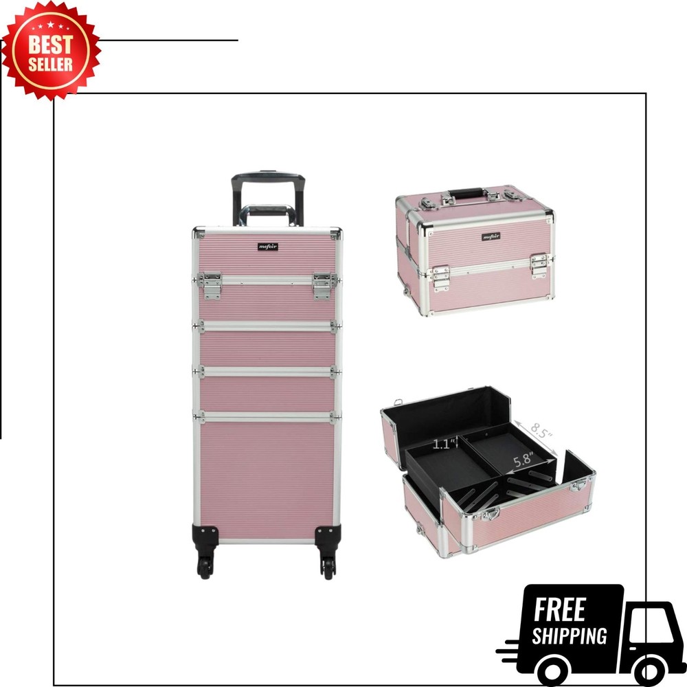 Mefeir 4-in-1 Rolling Makeup Train Case - Aluminum Travel Cosmetic Organizer w/W