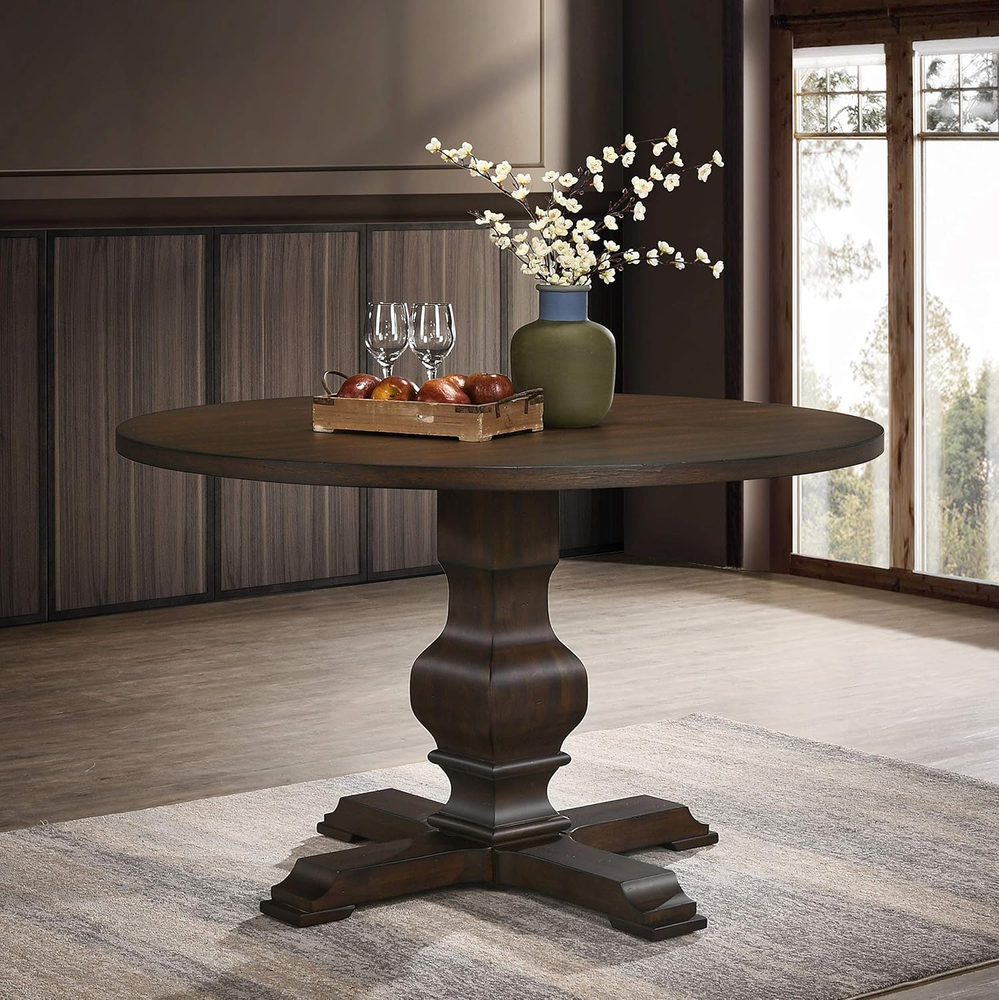 Havre Burnished Oak Round Wood Pedestal Dining Table with Elegant Finish