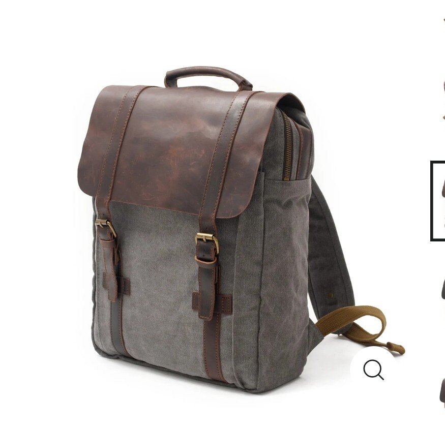 Paul Richard Canvas & Leather Bookbag Backpack with Padded Laptop Sleeve Brass Hardware  