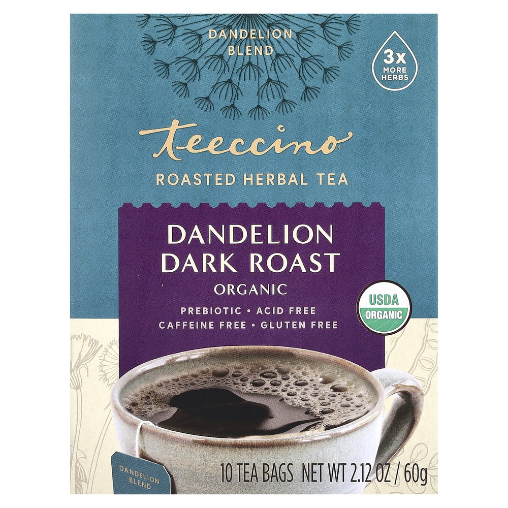 Organic Roasted Herbal Tea, Dandelion, Dark Roast, Caffeine Free, 10 Tea Bags,