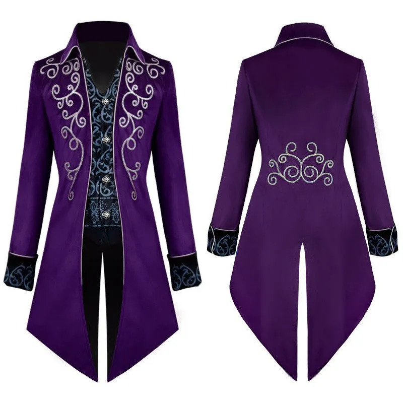 Red Embroidered Men's Long Jacket, Black Mock Two-piece Trench Coat, Purple Coll