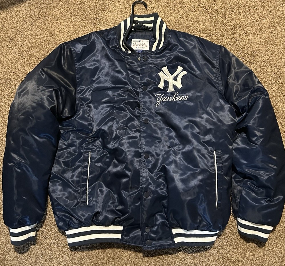 NY Yankees Athletic Jacket Blue Satin Bomber Style Varsity Jacket