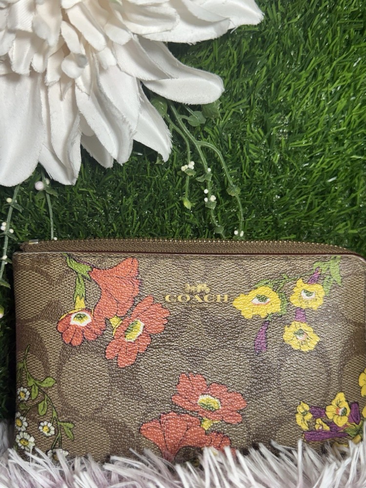 Coach Floral Brown Wristlet Wallet with Zip Around and Logo Accent