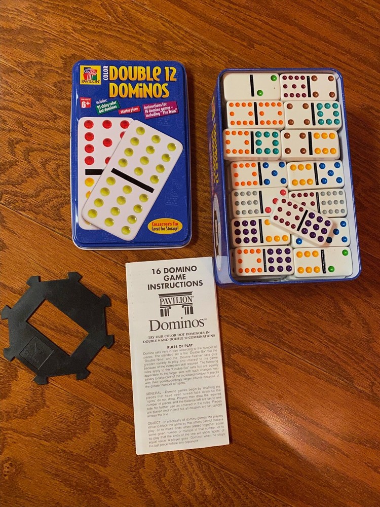 Collectors Double Twelve Jumbo Color Dot Dominoes in Vintage 1999 Tin Box-image