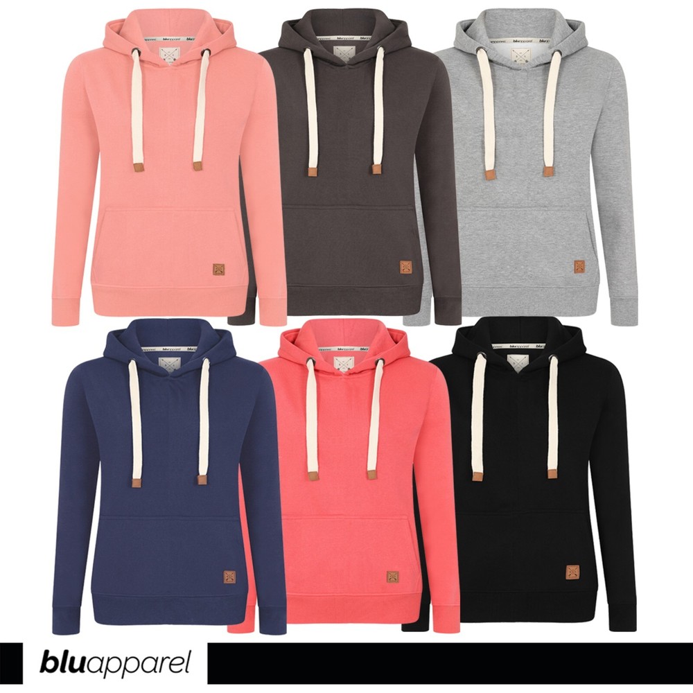 Ladies Warm Fleece Hoodie Overhead Jumper in Black Grey Coral Navy Pink Sizes UK 8-20  