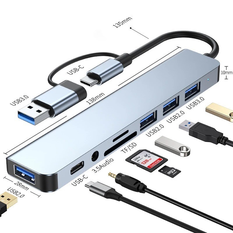 8-in-1 USB & Type-C Hub Docking Station with Audio Jack & Micro SD Adapter