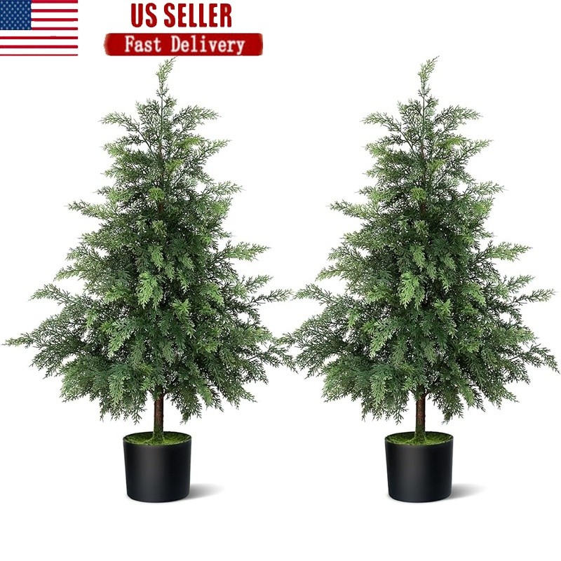 Artificial Cedar Tree Set of 2 Lifelike Indoor Outdoor Decoration UV Resistant