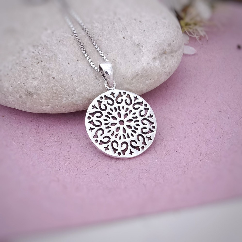 Mandala flower coin pendant Sterling silver, Yoga meditation jewellery, Ethnic