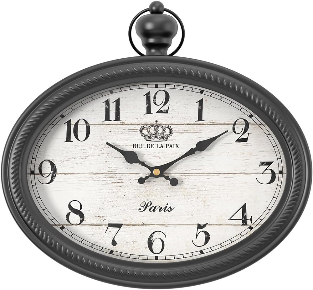 Retro Oval Wall Clock. Black Vintage Antique Style. Battery Operated Decor Wall