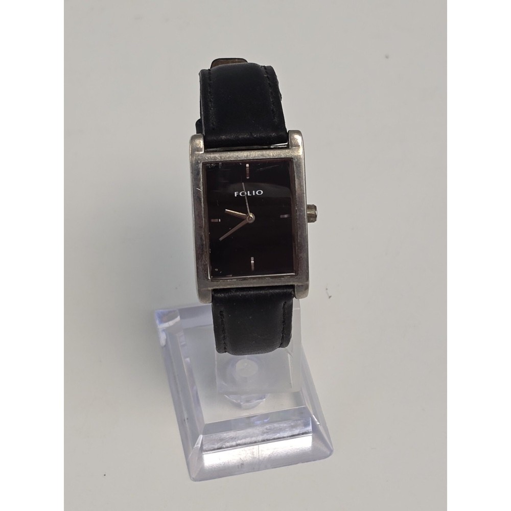 Folio by Relic mens quartz wristwatch watch black face , strap silver tone bezel