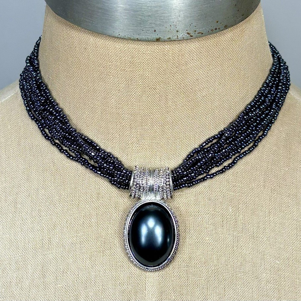 Black Oval Cabochon Pendant Multistrand NavyBlue Seed Beaded Adjustable Necklace