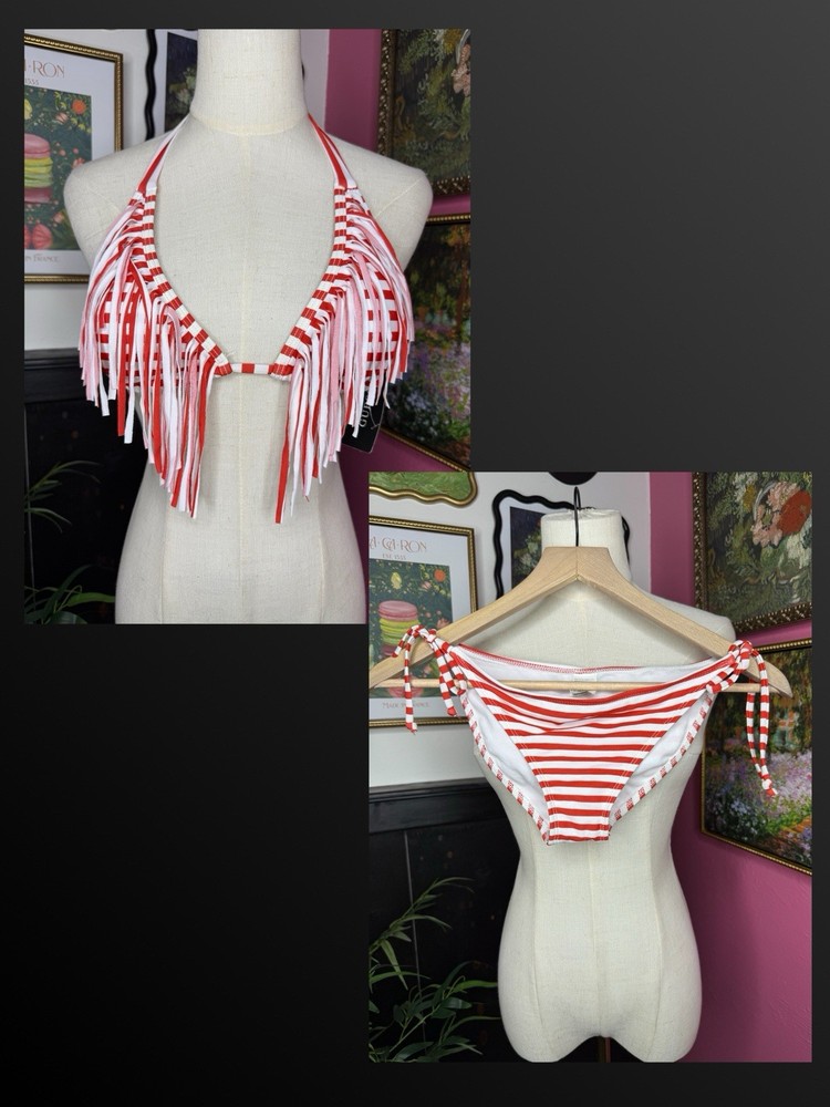NWT Guess String Striped Print Bikini Set with Fringe Detailing Red & White XS