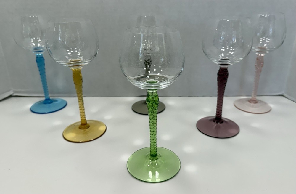 6 VTG Colorful Twisted Stem Crystal & Glass Wine Glasses Etched Grape Design